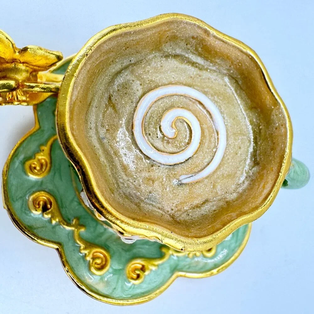 Ornate Tea Cup Jewelry Box Gold Rhinestone Embellishments Butterfly Green